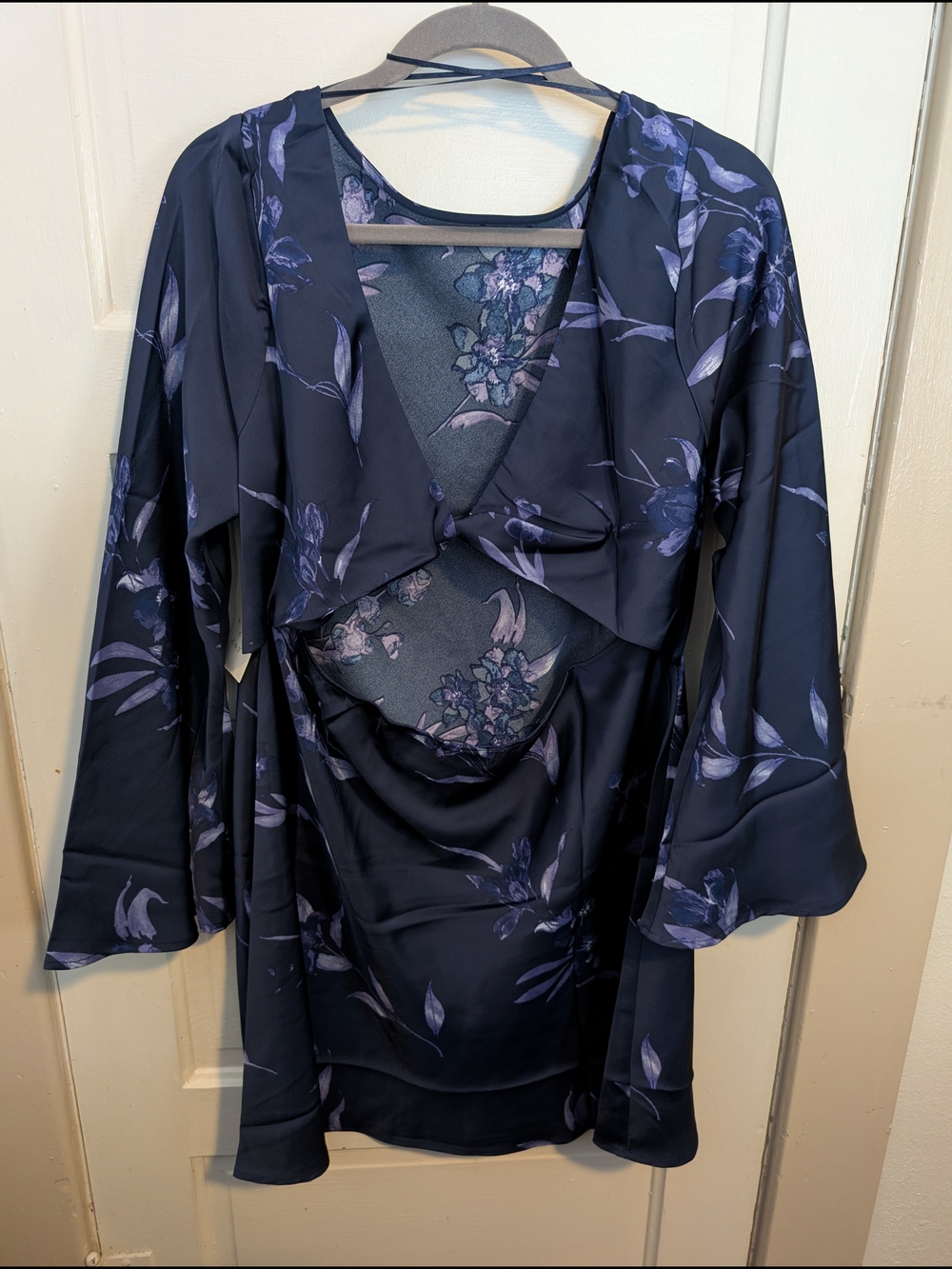 Flowy Boho Chic Purple Floral Satin Long Sleeve Cutout Midi Dress